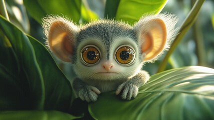 Adorable baby primate with large eyes peeking from lush foliage.