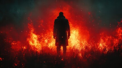 A silhouetted figure stands before a backdrop of intense flames and smoke.