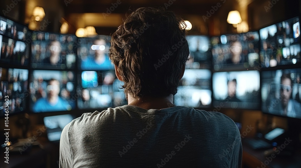 Poster person viewing multiple screens displaying various faces.
