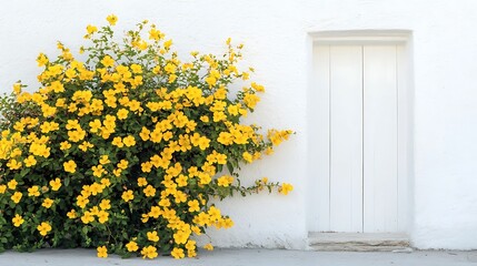 Yellow Flowers Bloom By White Door Photo Close Up. AI Generated