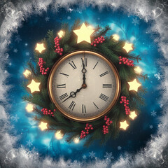 New Year's Eve countdown. Vintage clock face showing 2025, winter holiday scene. card design