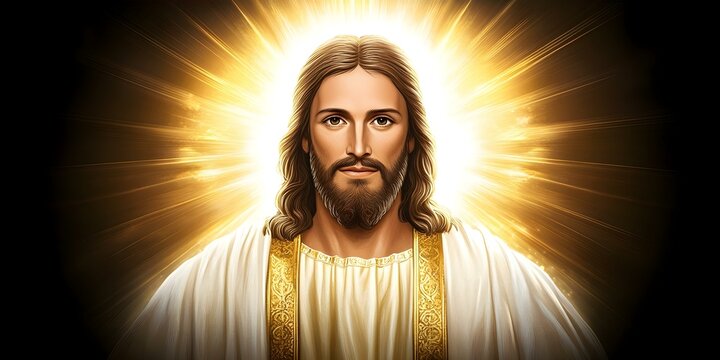 A portrayal of a figure representing Jesus Christ, depicted with long hair, a beard, and a radiant aura. Concept Jesus Christ Imagery, Long Hair and Beard, Radiant Aura, Religious Symbolism