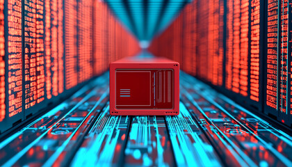 Red server in futuristic data center with glowing blue circuits and red lights