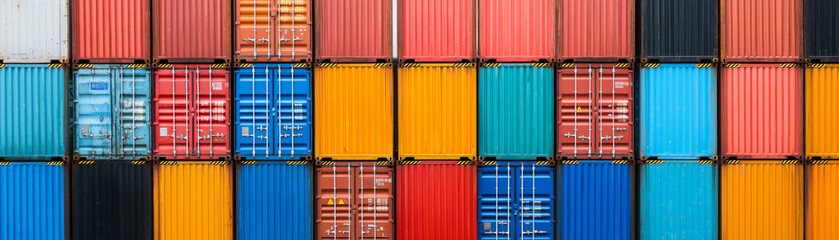 Colorful shipping containers stacked in neat arrangement, showcasing vibrant hues