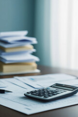 A busy office desk showcases stacks of papers and a calculator, highlighting organization during a focused work session by the window. Blurred background image.