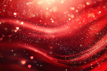 Bright red blurred background with sparkling hearts and swirling patterns for a romantic atmosphere