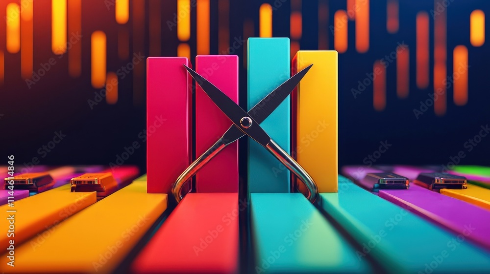 Poster a vibrant arrangement of colorful bars and scissors, symbolizing creativity and precision in design 