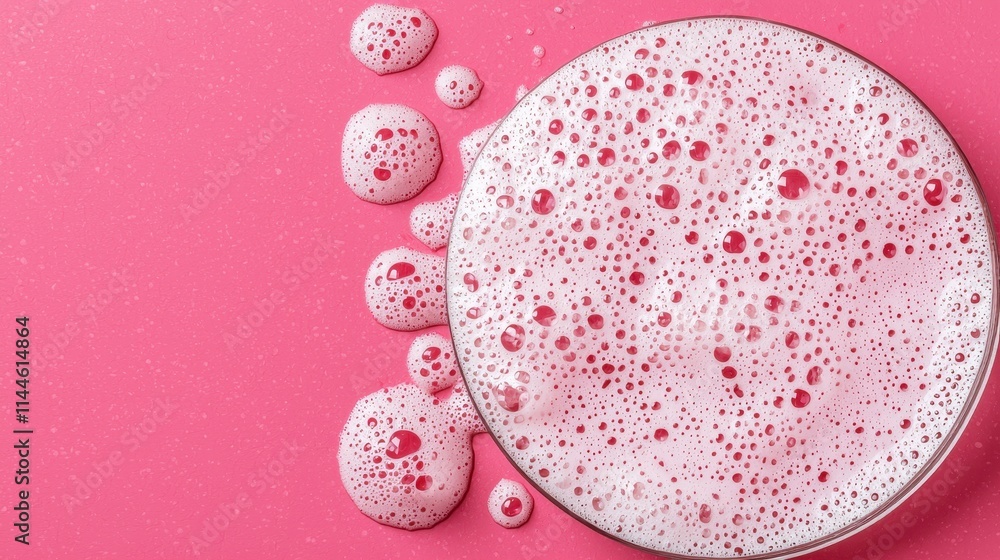 Aufkleber bubbles and foam on shiny pink surface with circular reflection