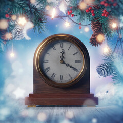 New Year's Eve countdown. Vintage clock face showing 2025, winter holiday scene. card design