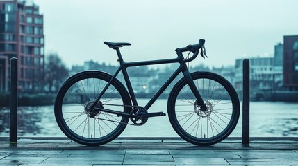Fototapeta premium A sleek bicycle stands by a misty waterfront, emphasizing urban leisure and transport.
