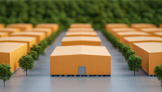 Modern industrial buildings with orange roofs and green trees