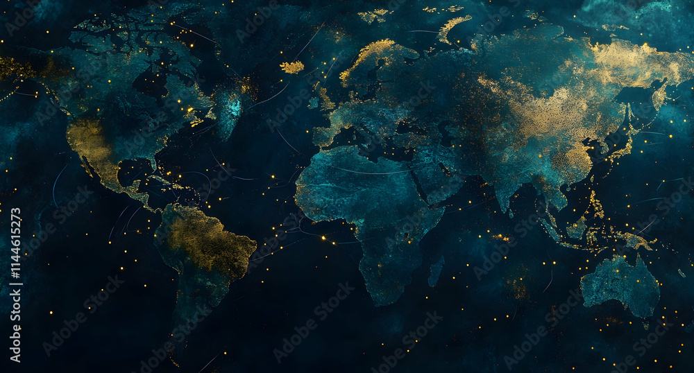 Poster a digital map of the world with global network connections glowing in blue and gold, representing co