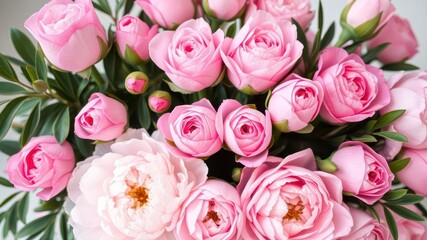 Beautiful fresh pink peonies and roses arrangement with copy space, nature, beautiful