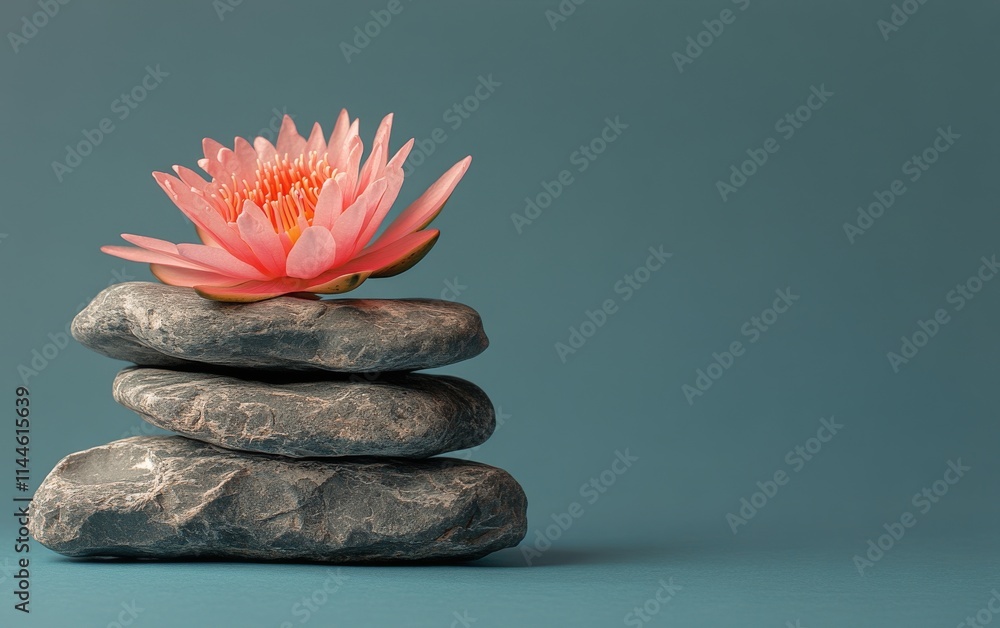 Poster tranquil lotus flower resting atop smooth stones in a serene setting reflecting calm and harmony in 
