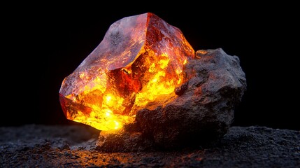 Glowing amber gemstone embedded in dark rock.