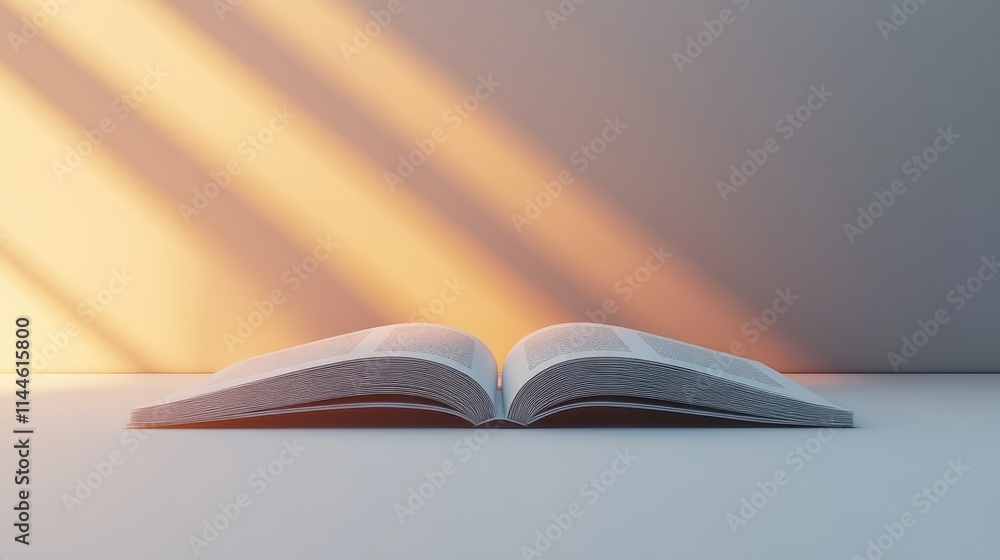 Poster an open book on a minimalist surface with soft lighting.