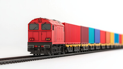 Obraz premium Red freight train with colorful containers on tracks, symbolizing transport