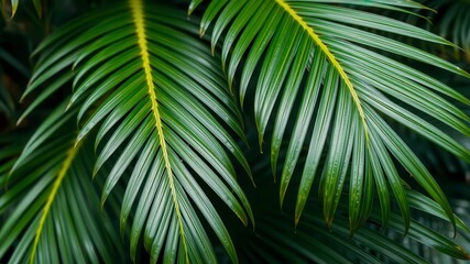 Close up of a lush tropical palm leaf showcasing intricate textures, exotic, green, organic