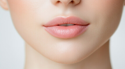 Close-up of a woman's lips showcasing soft, natural beauty with subtle pink tones and smooth skin in a gentle lighting setup