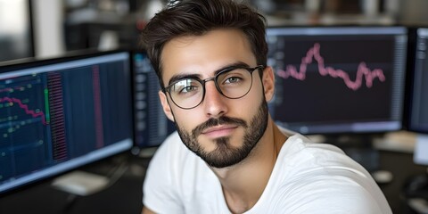 A young man with a beard and glasses sits in front of multiple computer monitors displaying financial graphs and data. Concept Financial Analysis, Tech-Savvy Professional, Data Visualization