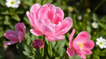 Obraz premium Close-up of delicate pink and white ranunculus flowers blooming in a garden, blooming, spring