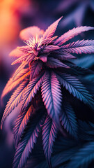 Colorful trippy cannabis design showcasing marijuana leaves in neon lighting with a blurred background.
