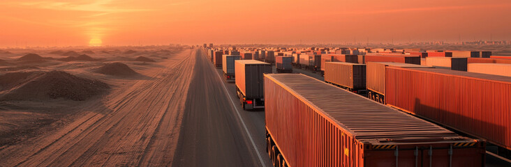 Obraz premium Transport trucks lined up on desert road at sunset, creating stunning view