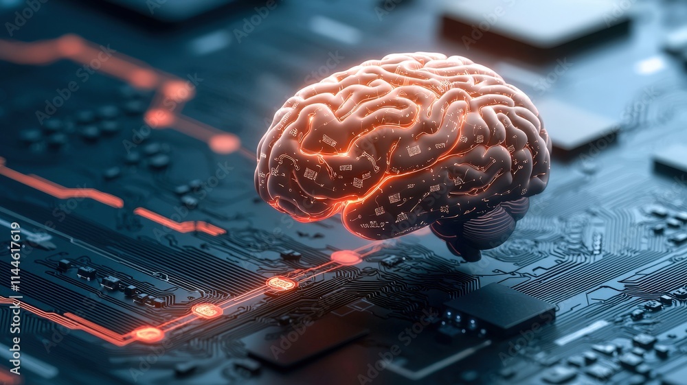 Poster a digitally rendered brain floats above a circuit board, symbolizing the fusion of human intelligenc