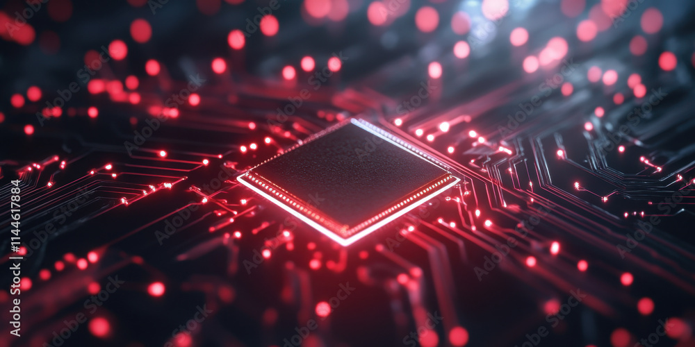 Aufkleber a glowing microchip surrounded by vibrant red lights and intricate circuitry, representing advanced 