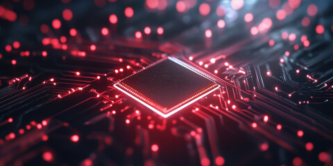 A glowing microchip surrounded by vibrant red lights and intricate circuitry, representing advanced technology and digital innovation.