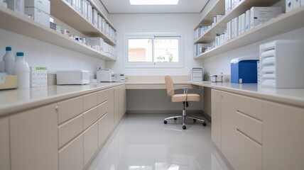 Mocha mousse color room concept. Modern pharmacy interior featuring organized shelves, a desk, and bright lighting.
