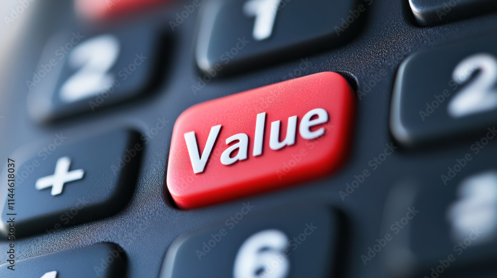 Poster a close-up of a calculator with a prominent red 