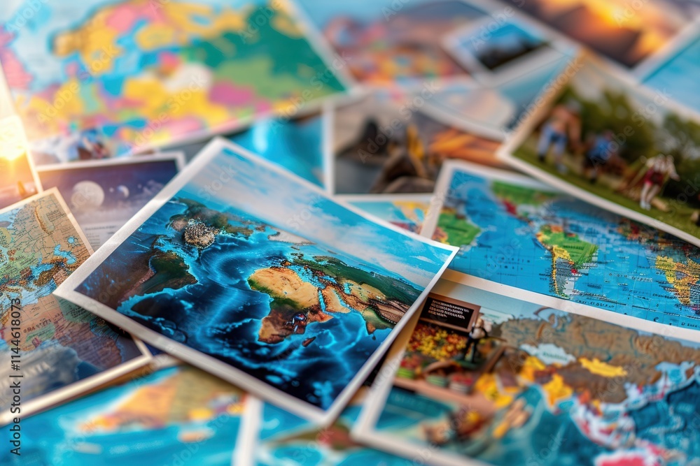 Poster colorful travel images arranged on a world map backdrop for creative mock up display. generative ai