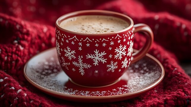 A red mug with snowflakes on it sits on a red plate