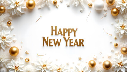 Happy New Year greeting card with gold and white ornaments. Concept of celebration, holiday, and new beginnings.