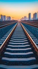 Fototapeta premium Railway tracks leading in vibrant sunset with city skyline
