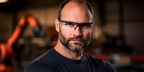 Obraz premium A man with a beard and glasses posing confidently in an industrial setting, likely a workshop or factory. Concept Industrial Photography, Confident Posing, Beard and Glasses Style