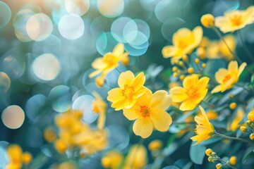 Fototapeta premium Bokeh Yellow. Beautiful Yellow Flowers Blooming on Vibrant Background