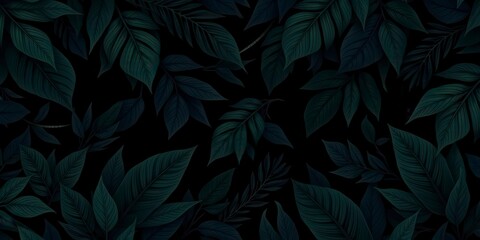 Dark pattern featuring lush exotic leaves in deep shades of green and black, creating a mysterious and intriguing aesthetic, pattern, black, design