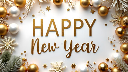 Happy New Year Celebration Background with Ornaments. Concept of New Year, Holiday, and Celebration.