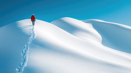 A man ascends a pristine snowy mountain, leaving footprints in the snow, surrounded by a bright blue sky that enhances the winter serenity