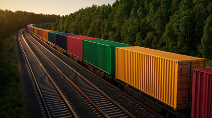 Obraz premium Colorful shipping containers on train track surrounded by trees