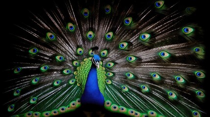 Obraz premium A vibrant peacock displays its stunning tail feathers against a clear white backdrop