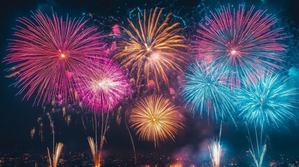 Naklejka premium Stunning Fireworks Display Over City at Night