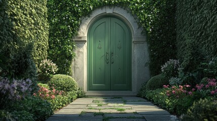 Fototapeta premium Secluded green door in a lush garden.