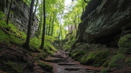 Enchanted Forest Pathway Amidst Majestic Rocks