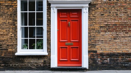 Bright red door welcomes visitors to a charming brick home with white windows, showcasing classic architecture