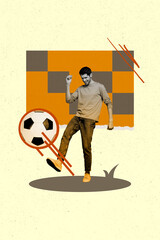 Composite trend artwork sketch image photo collage of miniature young man play football game ball...