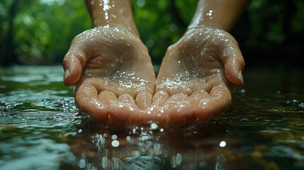 Fototapeta premium Hands cupping water, surrounded by nature.