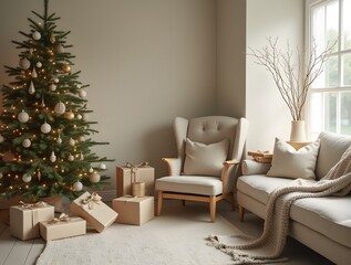 Fototapeta premium Minimal interior architecture photography cozy Christmas tree season decorated simple